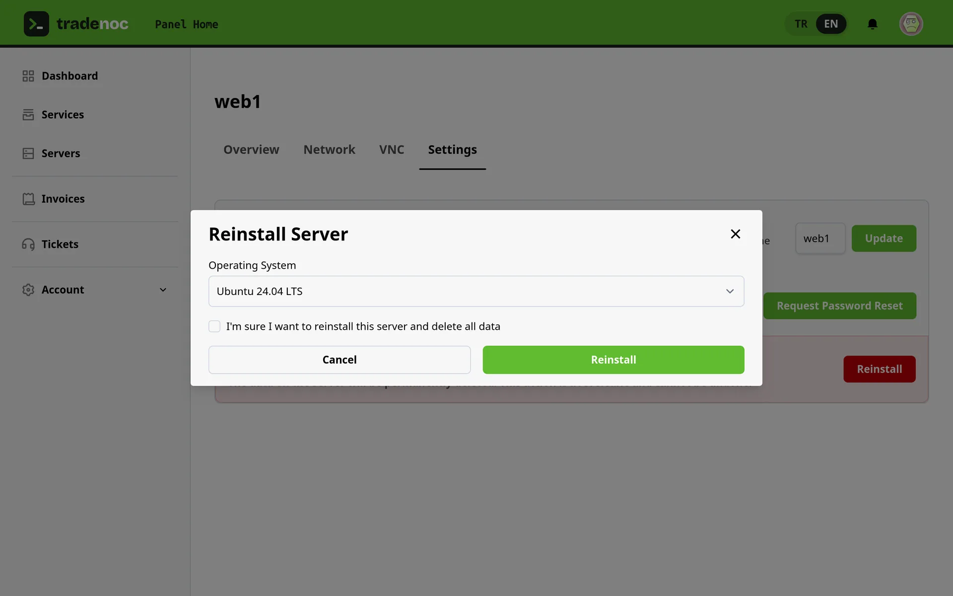 TradeNOC control panel: One-click reinstall