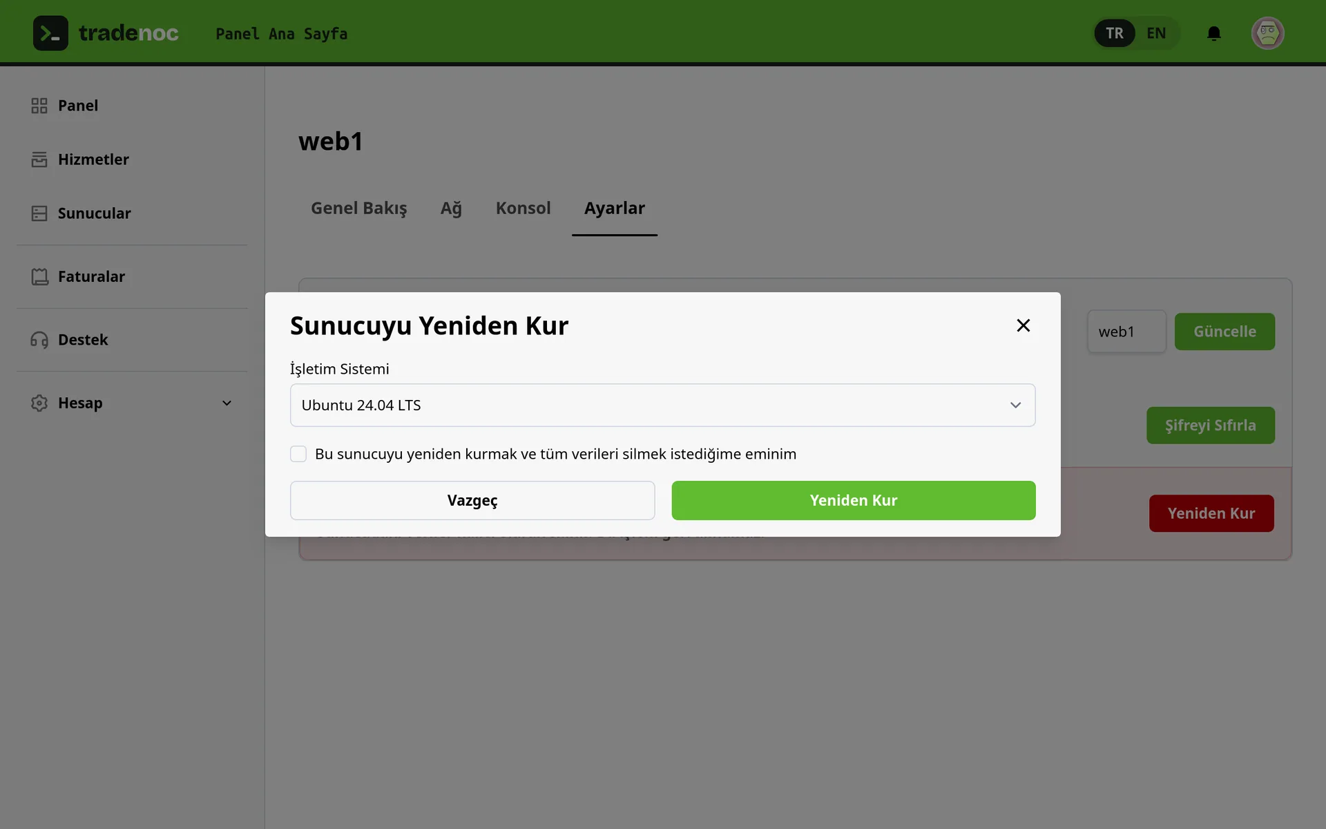 TradeNOC kontrol paneli: Tek tıkla yeniden kur