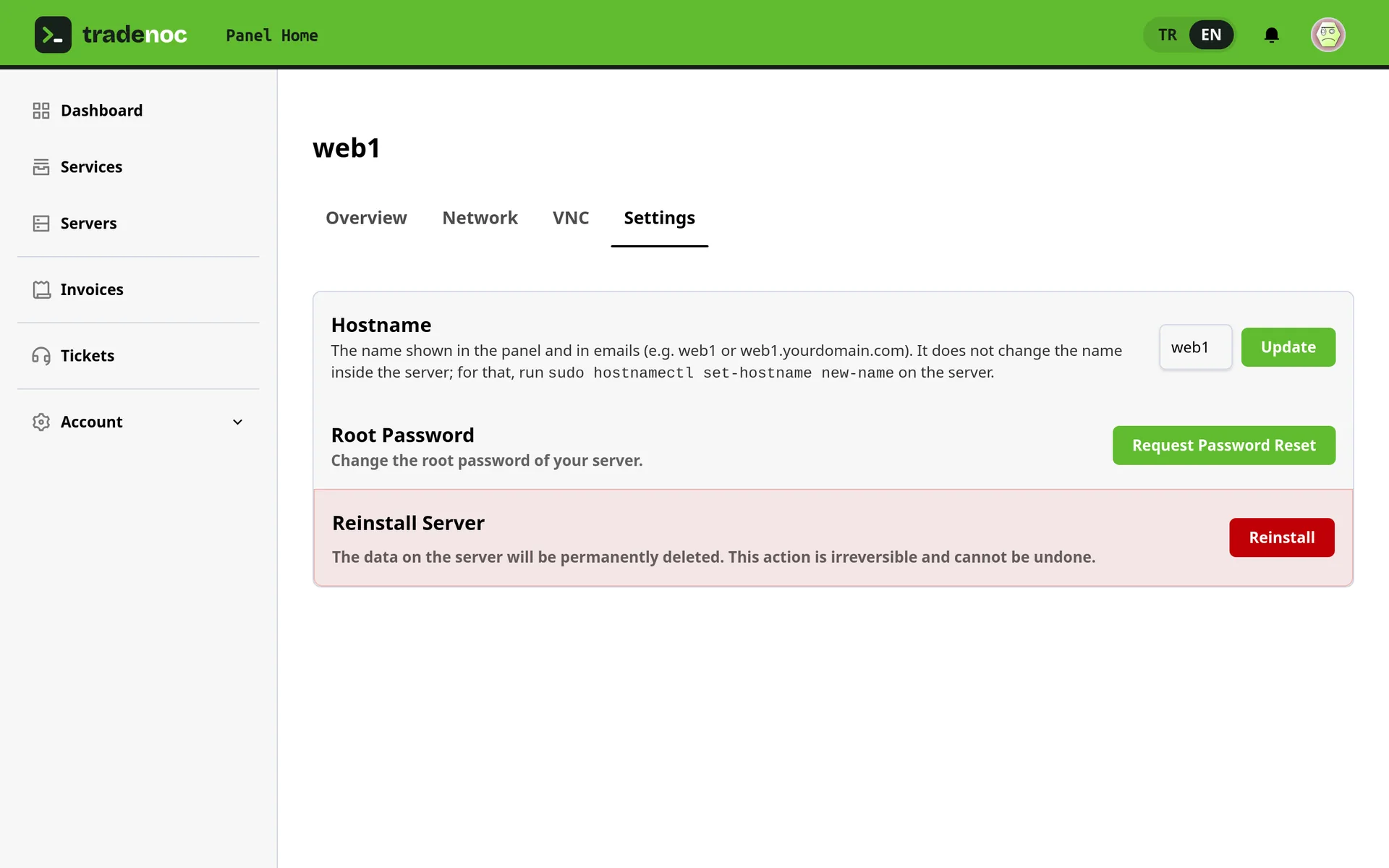 TradeNOC control panel: Password and settings