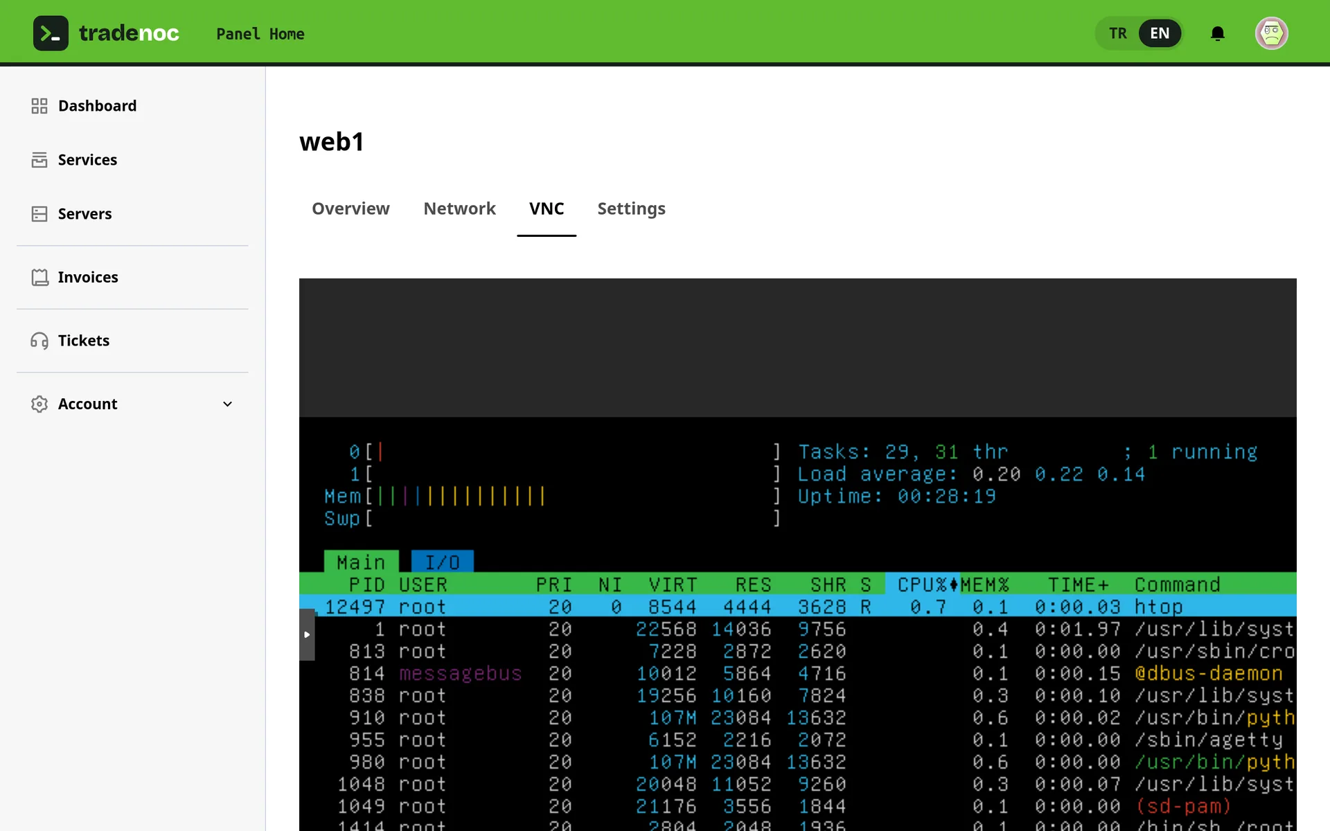 TradeNOC control panel: Console in your browser
